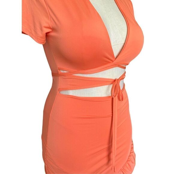 Effordram Women’s Orange Cutout Tie‎ Front Mini Wrap Dress Size Medium - Picture 2 of 5